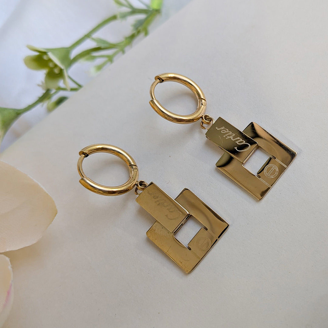 Gold Tone Brand Inspired Square Lock Drop Earrings for Girls & Women