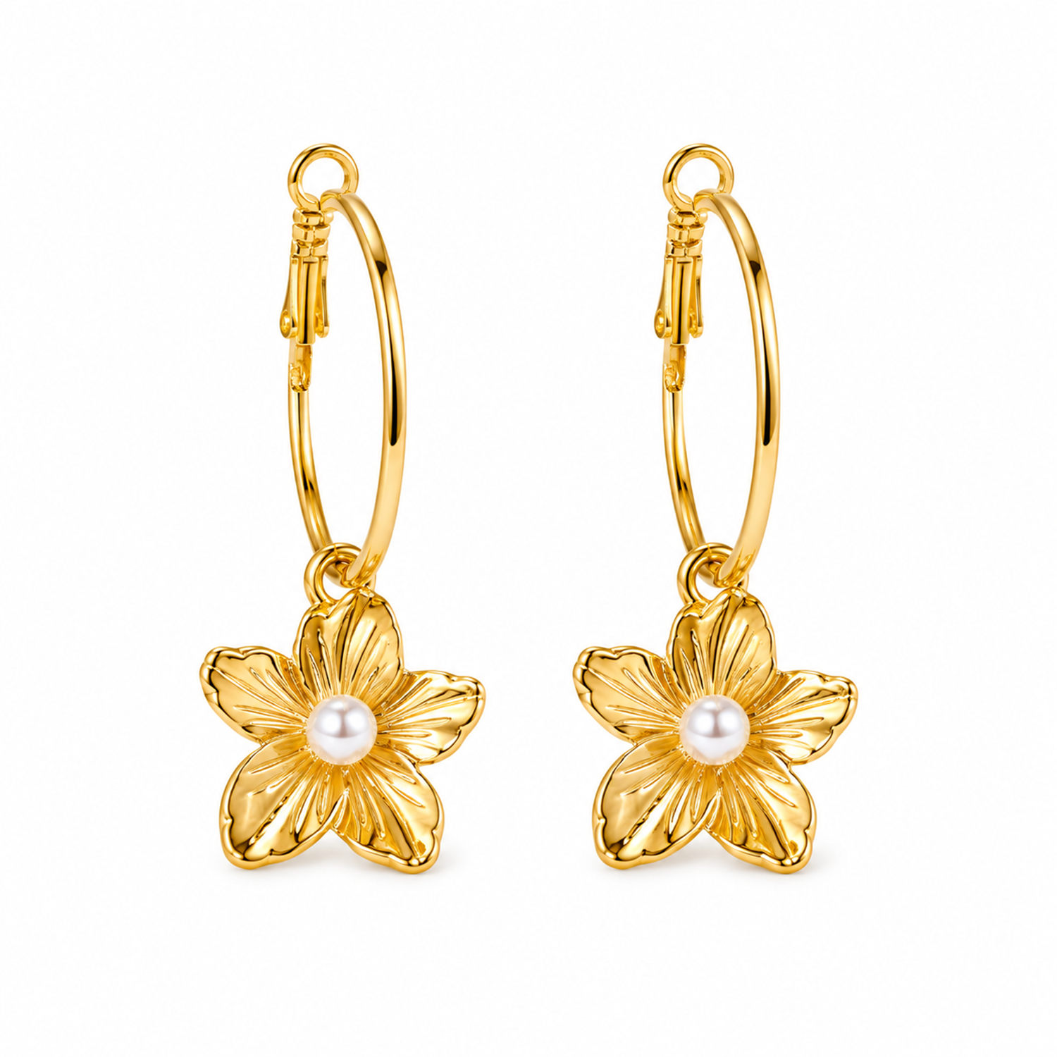 Flower Charm Hoop Earrings with Pearl Accent for Girls & Women