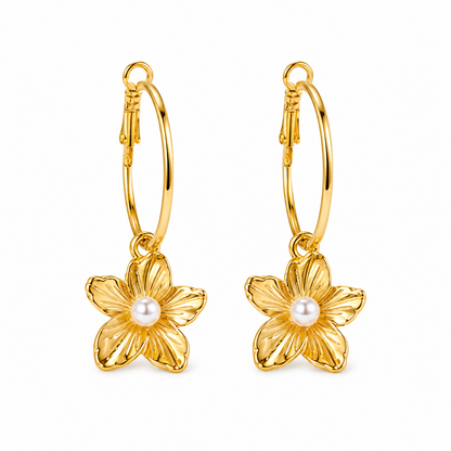 Flower Charm Hoop Earrings with Pearl Accent for Girls & Women