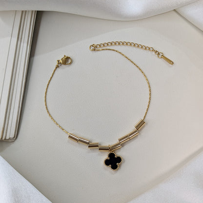 Elegant Gold Tone Tube Bead & Black Floral Brand Inspired Charm Bracelet For Girls & Women (Anti-Tarnish)