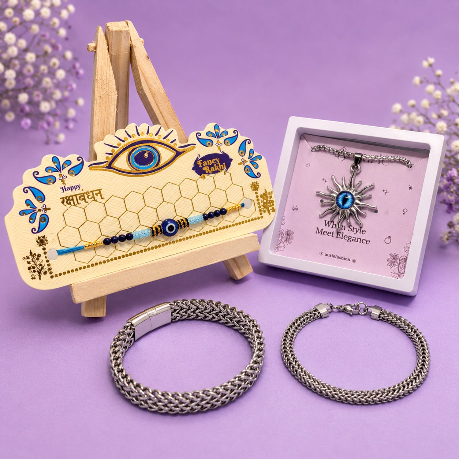 Rakhi with Stylish Pendant Necklace & 2 Trendy Bracelets Gift Box