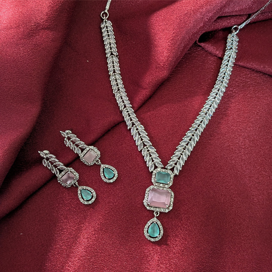 AD Luxe Square & Teardrop Gemstone Necklace With Matching Earrings For Women