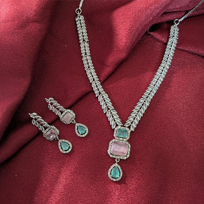 AD Luxe Square & Teardrop Gemstone Necklace With Matching Earrings For Women