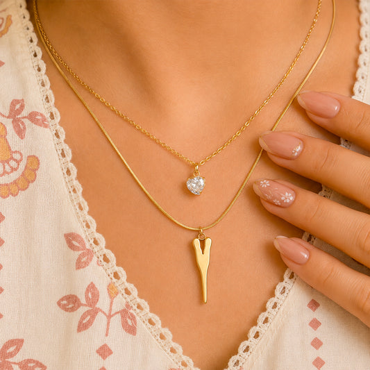 V Shaped Bar & Crystal Stone Dual Layered Pendant For Girls & Women's