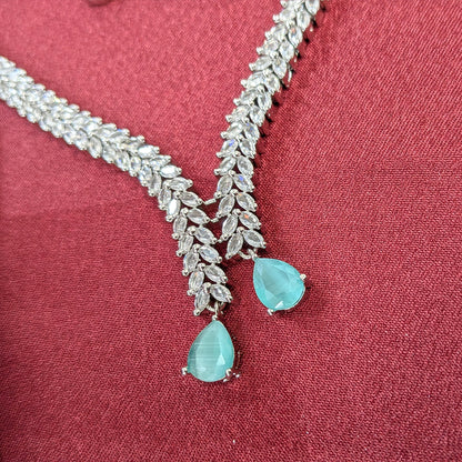 Silver Finish Leaf Design AD Teardrop Stones Necklace Set for Girls & Women