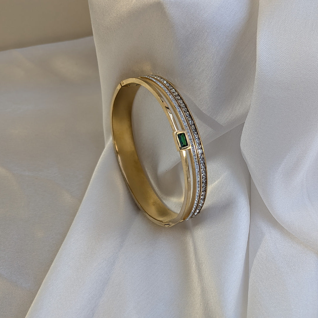 Gold Plated Triple Layer Bracelet with Twin AD Lines & Emerald Centre Stone for Girls & Women