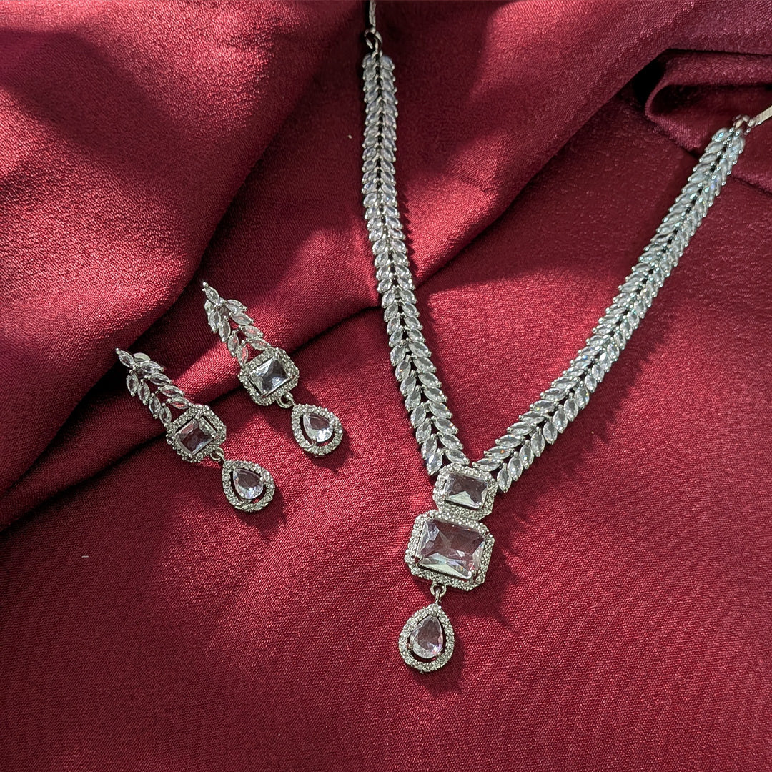 AD Luxe Square & Teardrop Gemstone Necklace With Matching Earrings For Women
