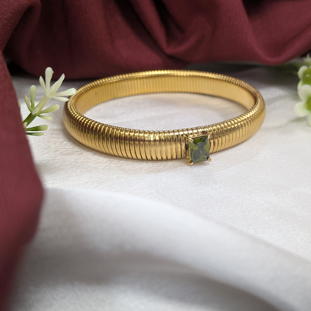 Gold Finish Kada Style Coil Bracelet With Cubic AD Stone For Girls & Women