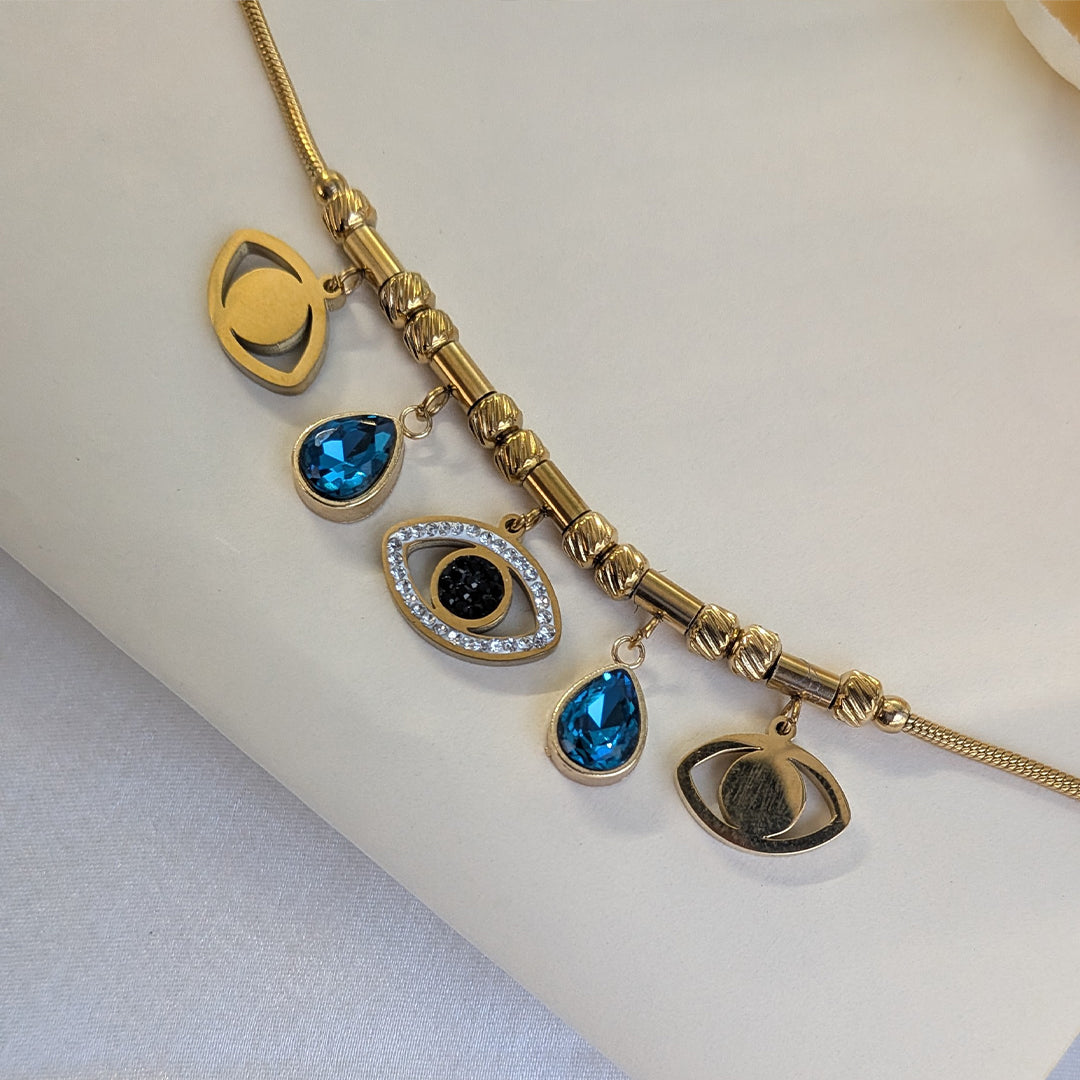 Gold Plated Evil Eye & Blue Teardrop Charm Snake Chain Bracelet