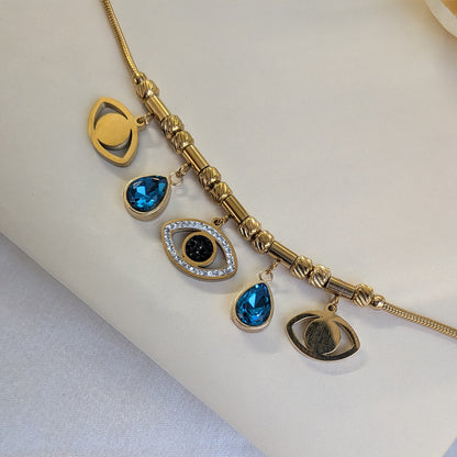 Gold Plated Evil Eye & Blue Teardrop Charm Snake Chain Bracelet