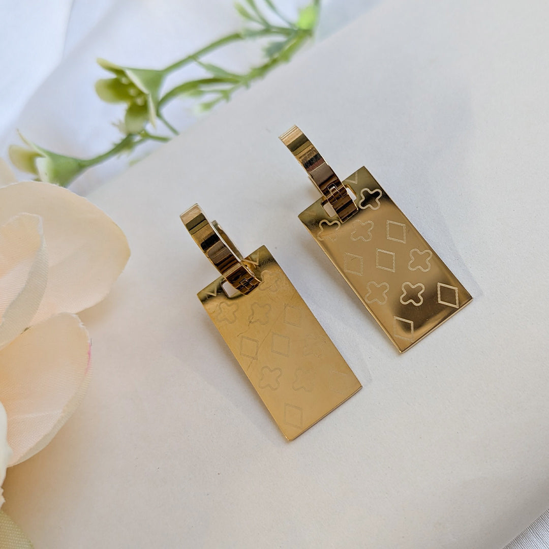 Gold Tone Engraved Geometric Rectangle Drop Earrings with Hoop for Girls & Women