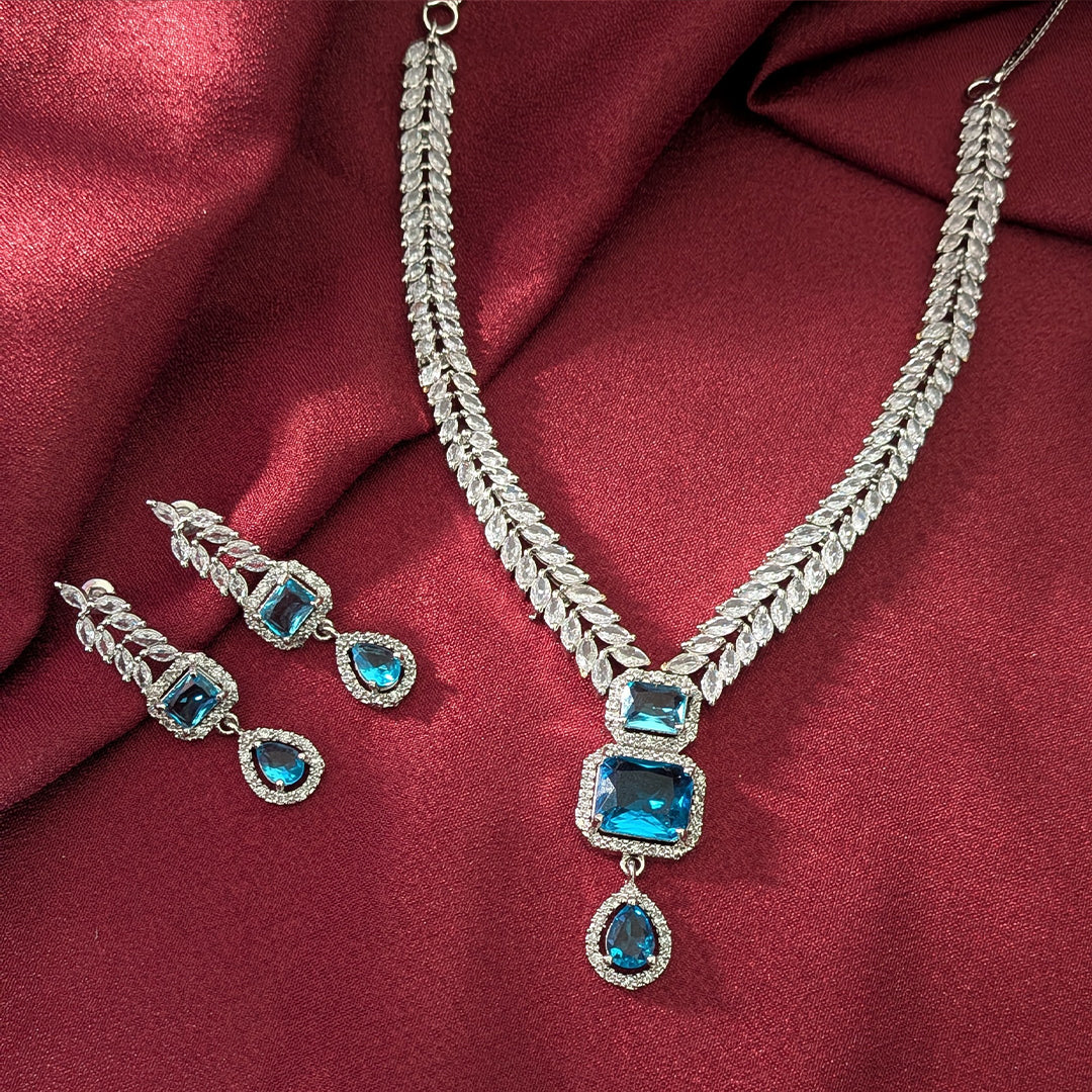 AD Luxe Square & Teardrop Gemstone Necklace With Matching Earrings For Women