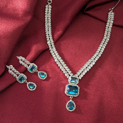 AD Luxe Square & Teardrop Gemstone Necklace With Matching Earrings For Women