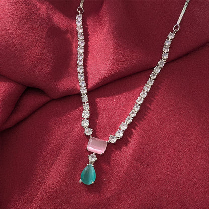 Silver Finish Classic Rectangular & Teardrop Stone Jewellery Set For Women