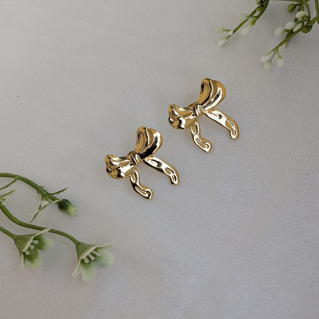 Gold Plated Glossy Ribbon Bow Stud Earrings For Girls & Women (Anti Tarnish)