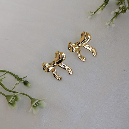 Gold Plated Glossy Ribbon Bow Stud Earrings For Girls & Women (Anti Tarnish)