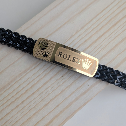 Rolex Brand Inspired Black Woven Stainless Steel Bracelet With Clasp For Men