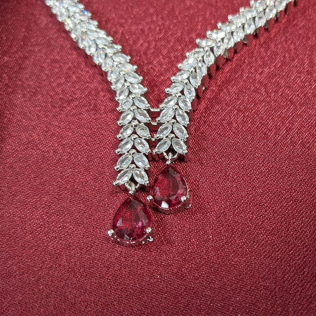 Silver Finish Leaf Design AD Teardrop Stones Necklace Set for Girls & Women