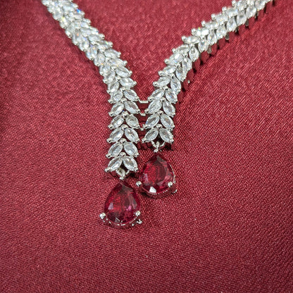 Silver Finish Leaf Design AD Teardrop Stones Necklace Set for Girls & Women