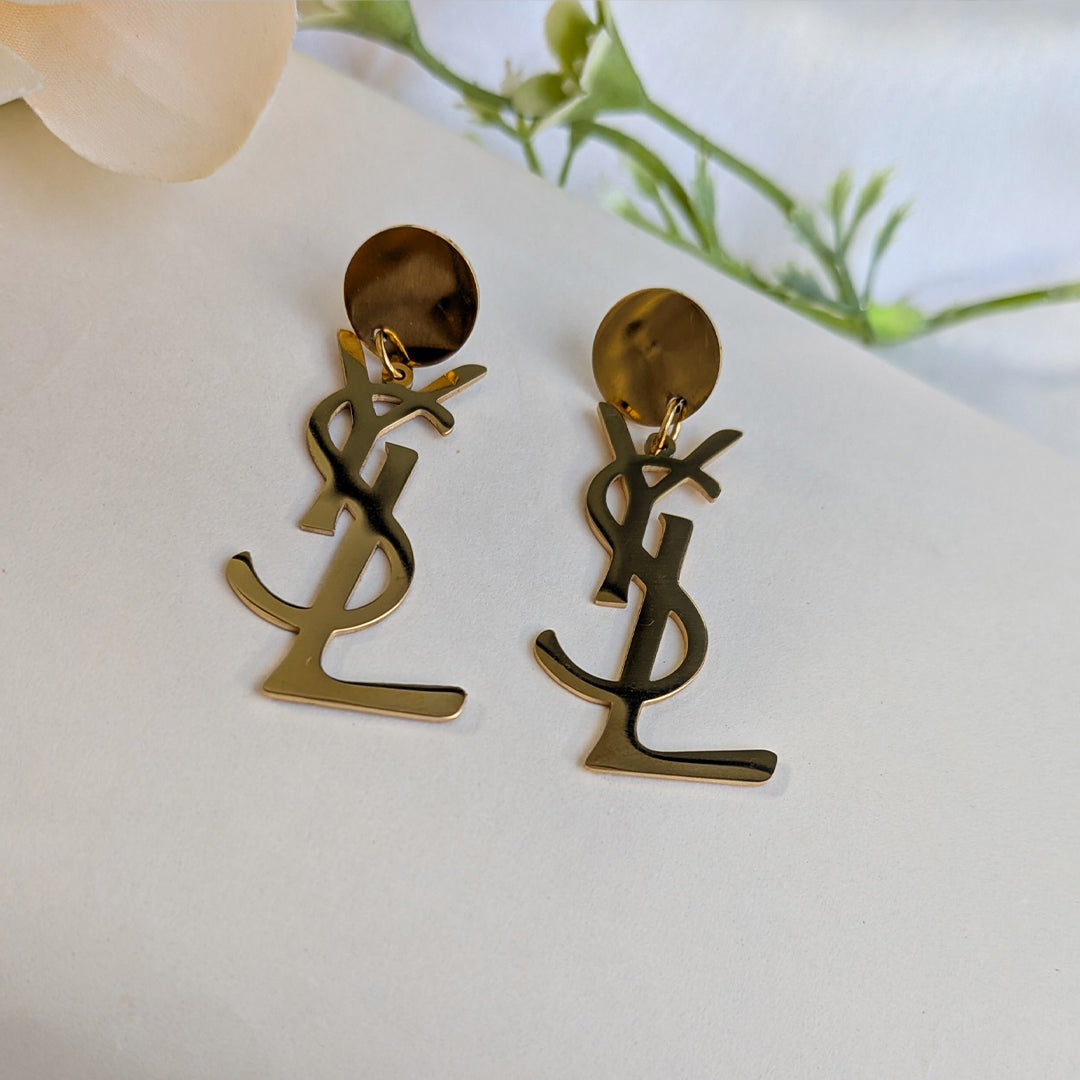 Gold Tone Designer Brand Inspired Drop Earrings for Girls & Women
