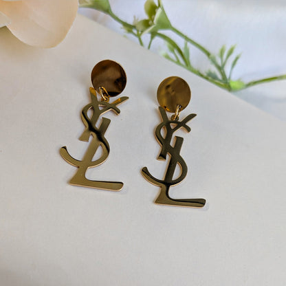 Gold Tone Designer Brand Inspired Drop Earrings for Girls & Women