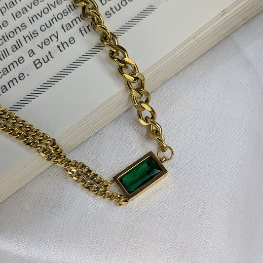 Gold Finish Double Layer Chain With Rectangle Green Stone Emerald Pendant For Girls & Women