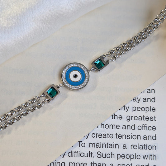 Silver Tone Evil Eye Bracelet with Green Stone Accents For Girls & Women