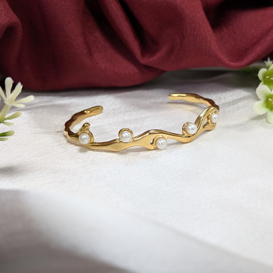 Gold Finish Organic Wavy Pearl Cuff Bracelet For Girls & Women