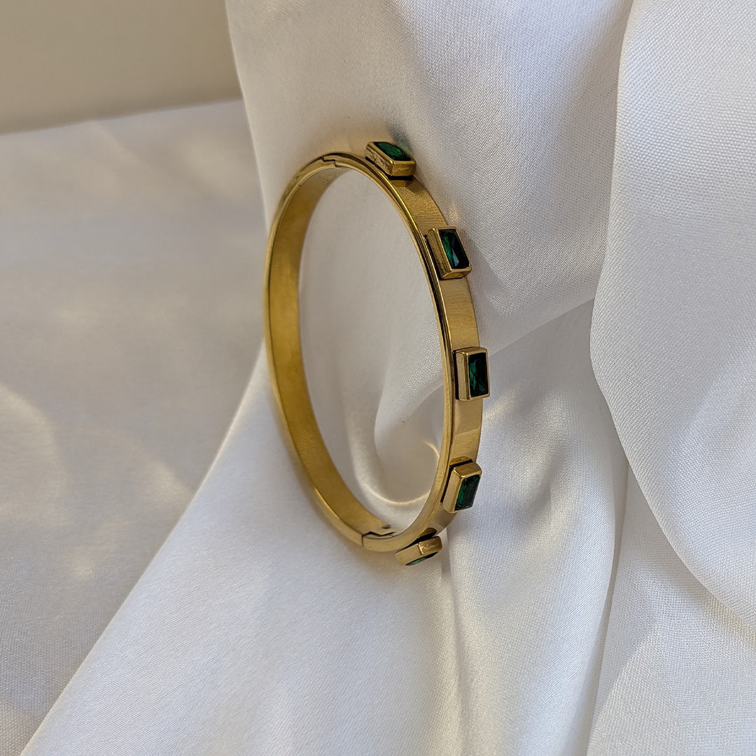 Gold Finish Chic Bracelet with Green Gemstone Embellishments For Girls & Women