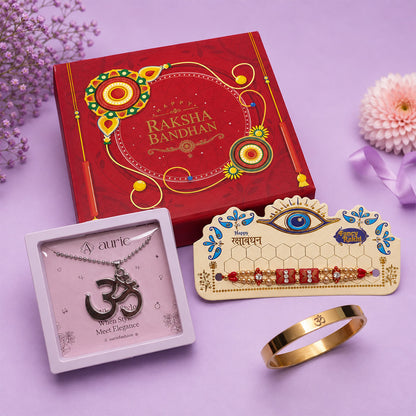Premium Rakhi Combo with Om Pendant Necklace, Gold Finish Kada Bracelet & Designer Rakhi Gift Box