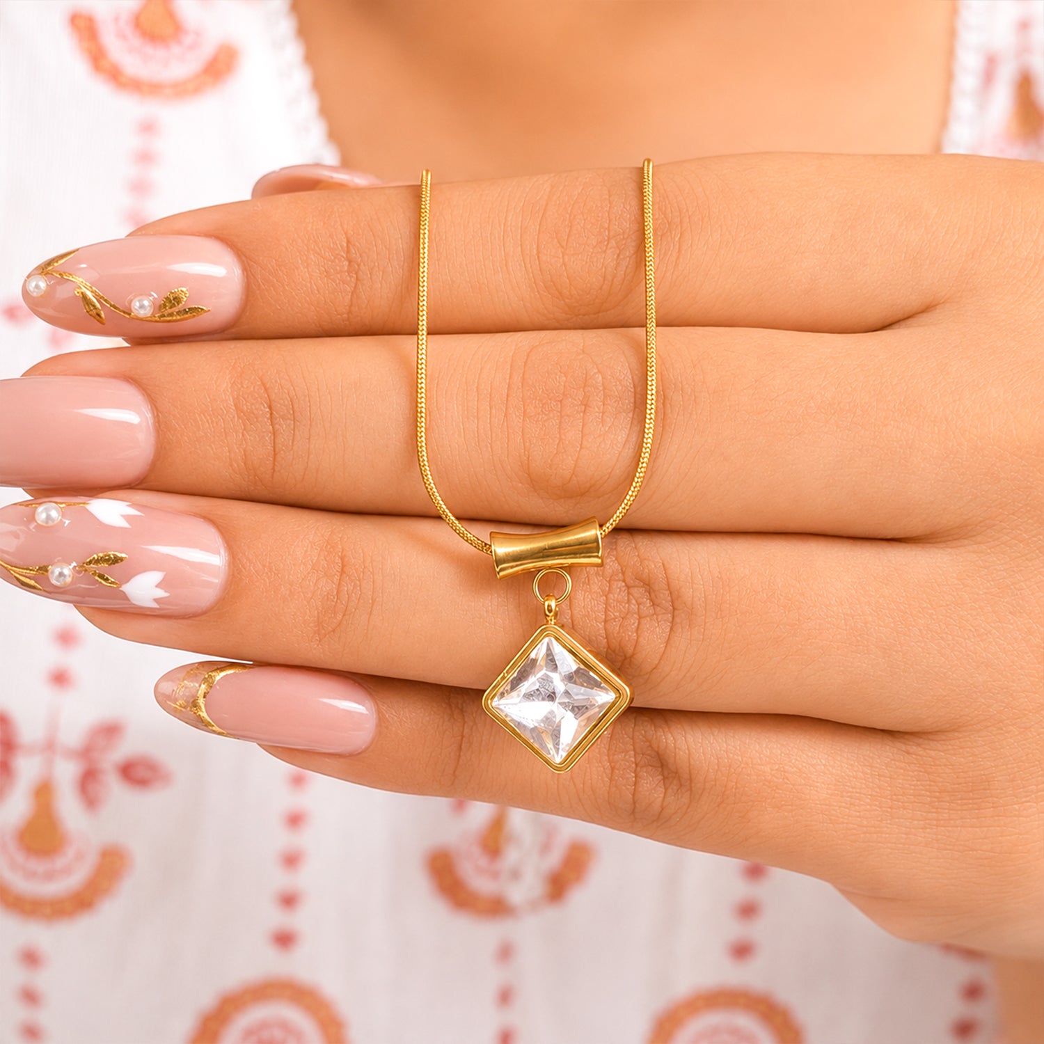 Square Zircon Pendant with Drum Connector For Girls & women
