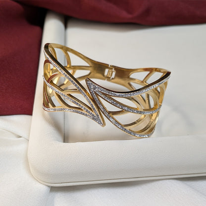 Gold Finish Openwork Sparkling AD Stone Cuff Bracelet For Girls & Women