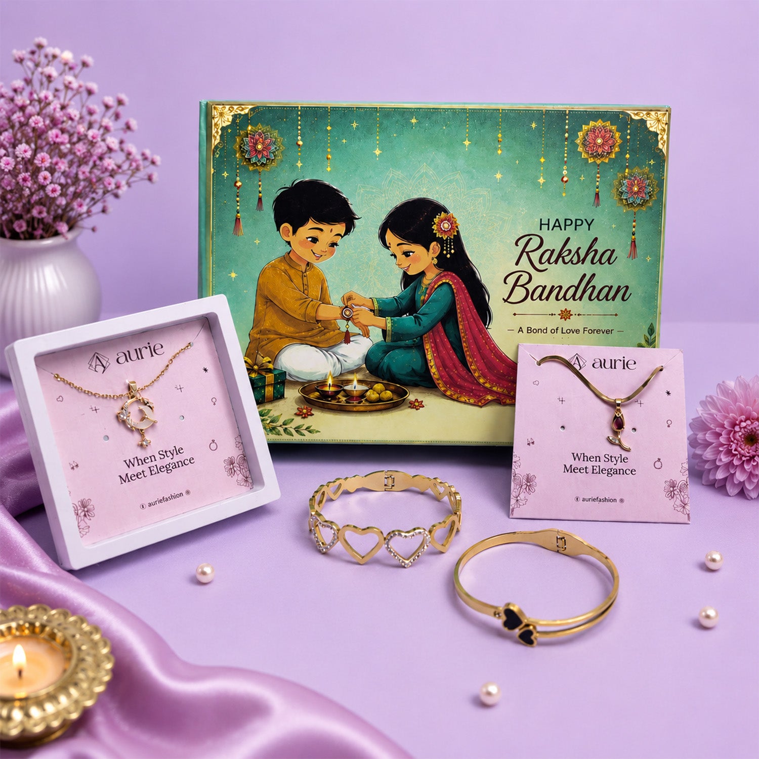 Elegant Gold Finish Necklace & Heart Design Bracelets, Rakhi Gift for Sister, Stylish Jewellery Gift Box