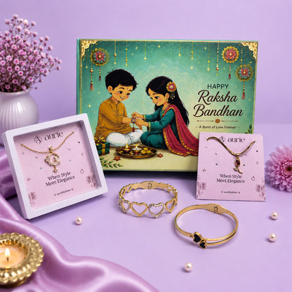 Elegant Gold Finish Necklace & Heart Design Bracelets, Rakhi Gift for Sister, Stylish Jewellery Gift Box