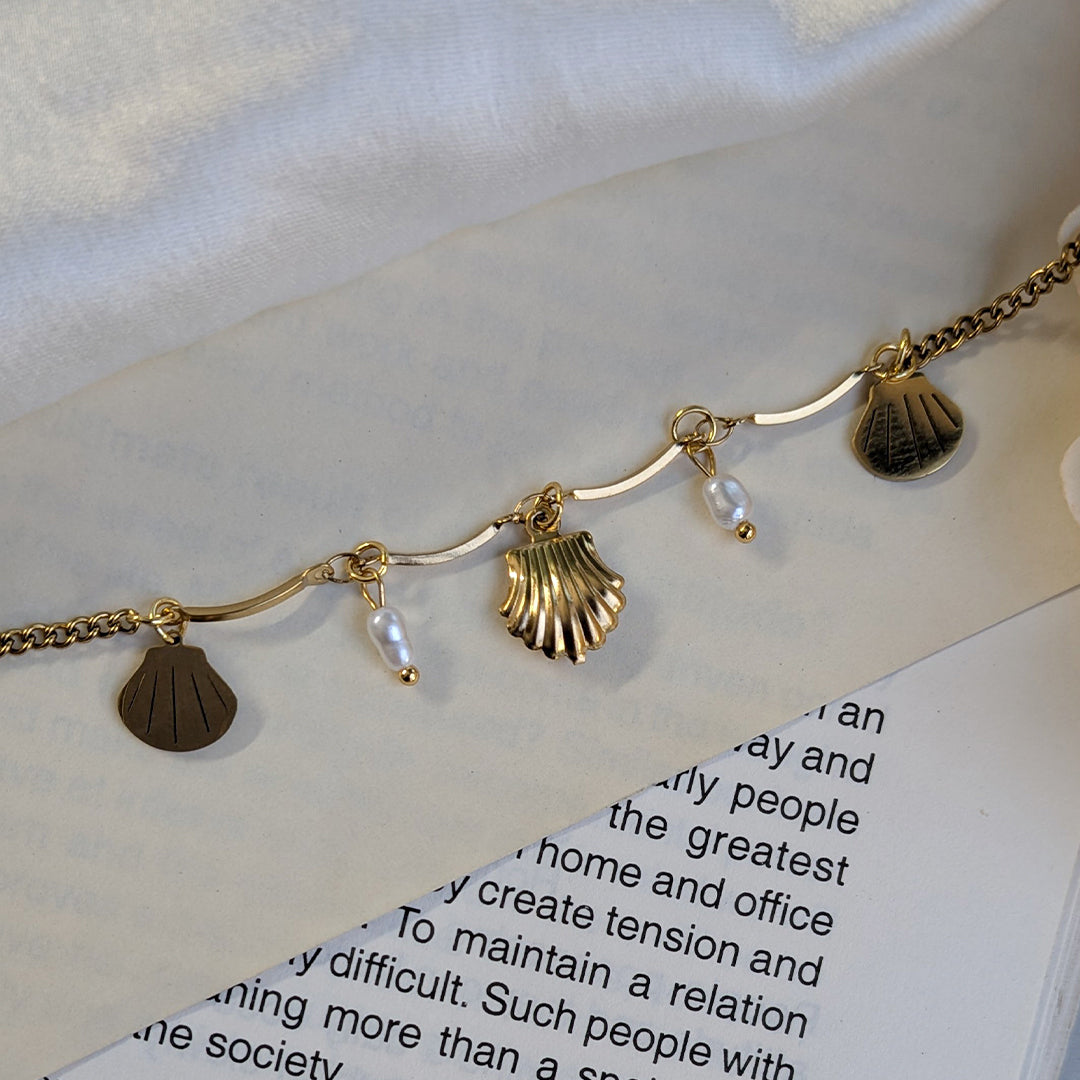 Gold Plated Elegant Shell & Freshwater Pearl Charm Bracelet For Girls & Women