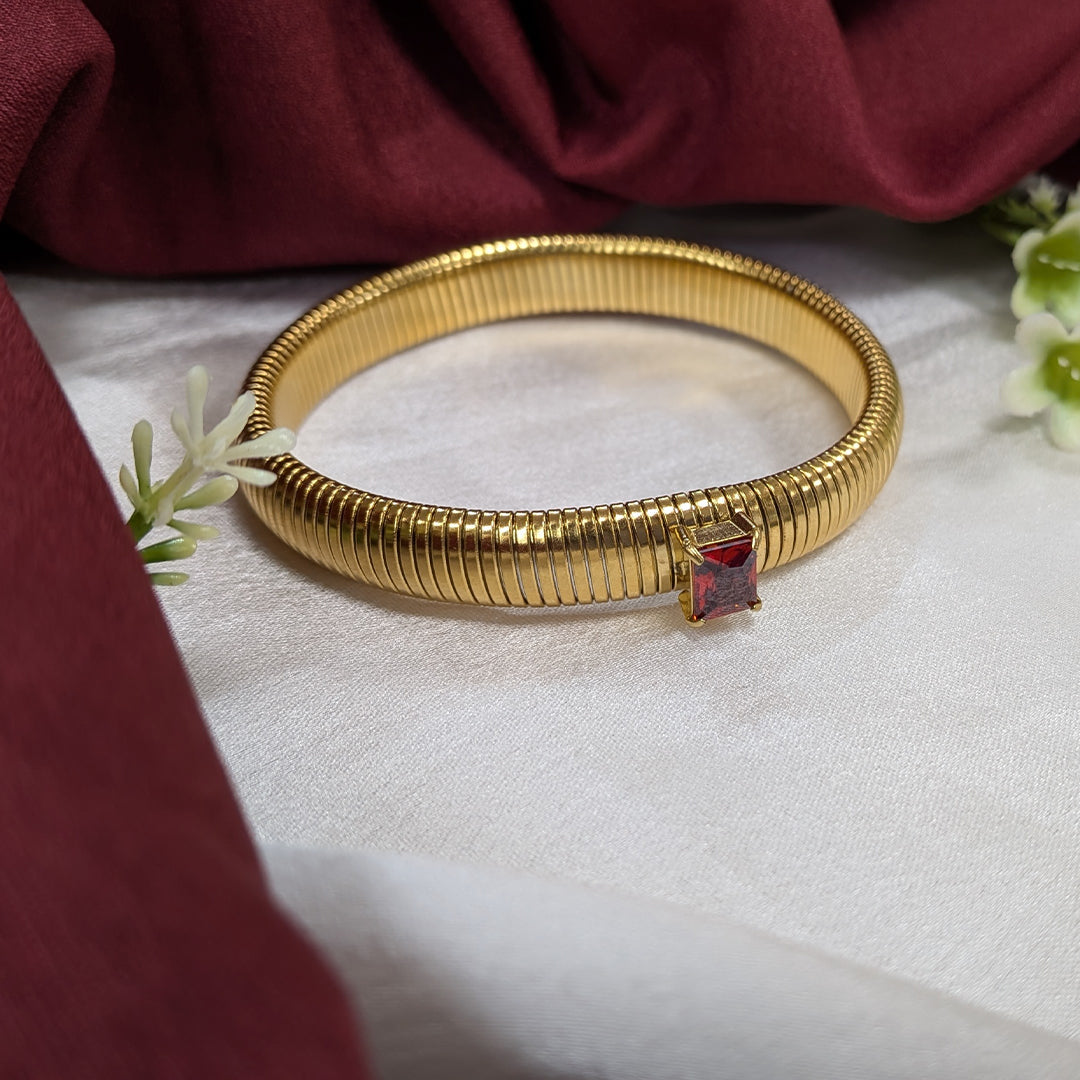 Gold Finish Kada Style Coil Bracelet With Cubic AD Stone For Girls & Women