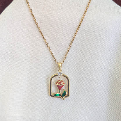 Gold Plated Red Rose Enamel Framed Pendant For Girls & Women