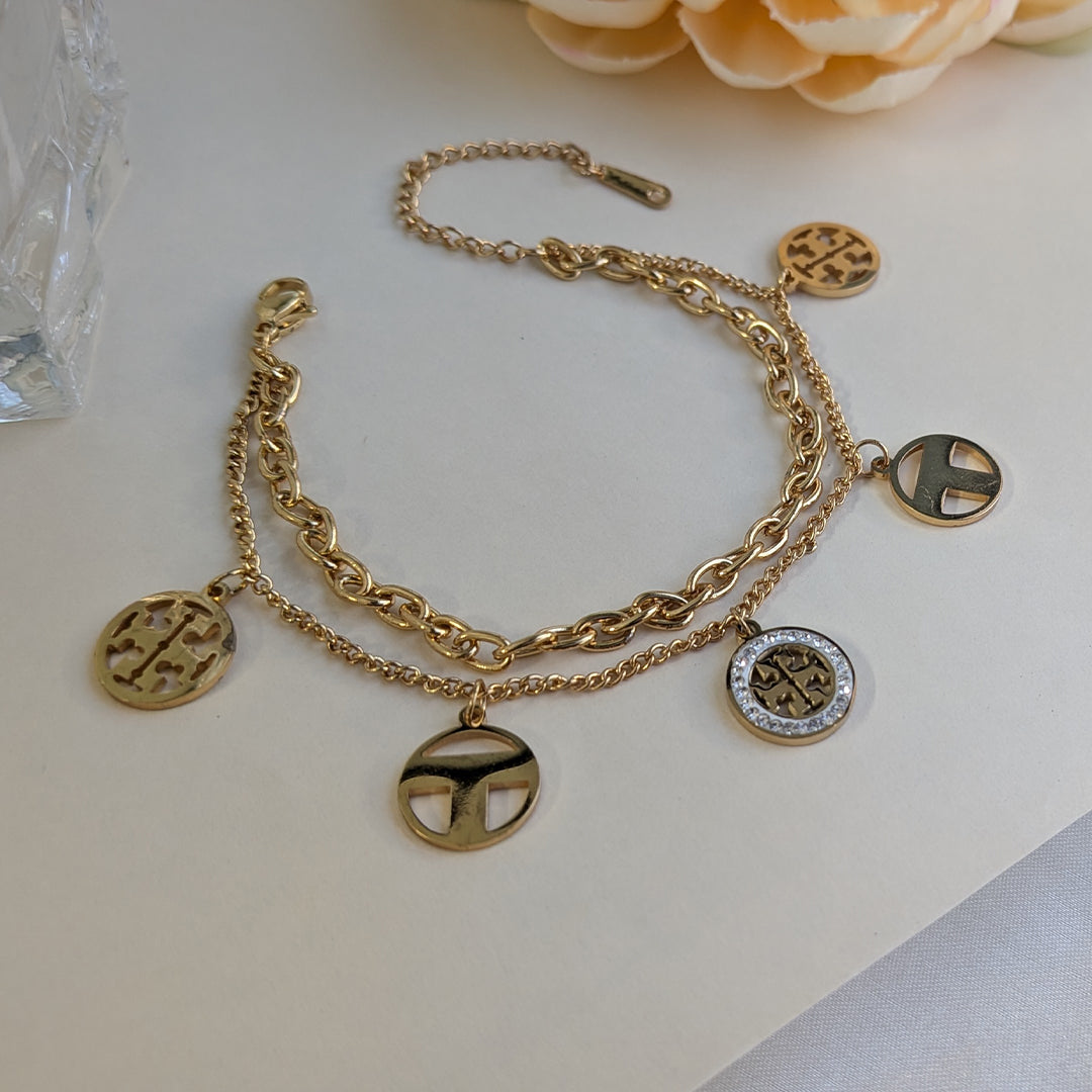 Gold Plated Dual Layer Logo Charm Bracelet For Girls & Women