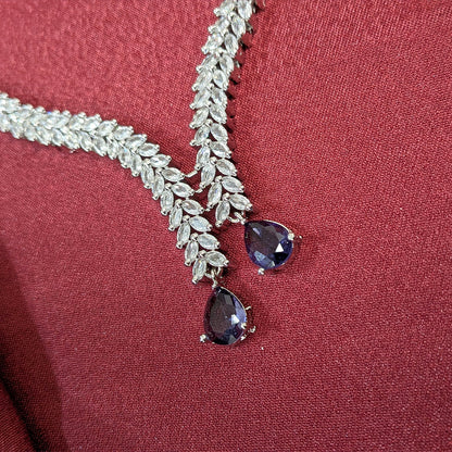 Silver Finish Leaf Design AD Teardrop Stones Necklace Set for Girls & Women