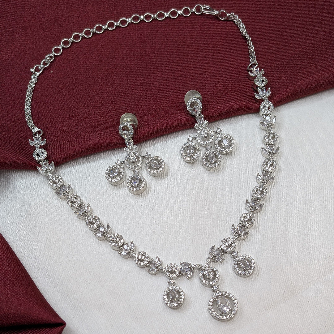 Silver Tone American Diamond Circular Drop Necklace Set with Matching Earrings