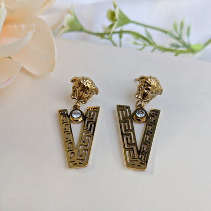 Gold Tone Elegant Greek Key Pattern Statement Earrings for Girls & Women