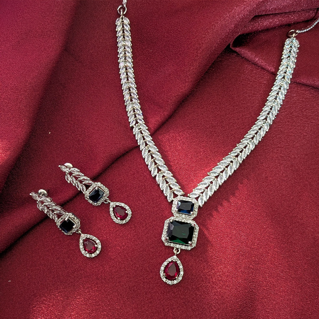 AD Luxe Square & Teardrop Gemstone Necklace With Matching Earrings For Women