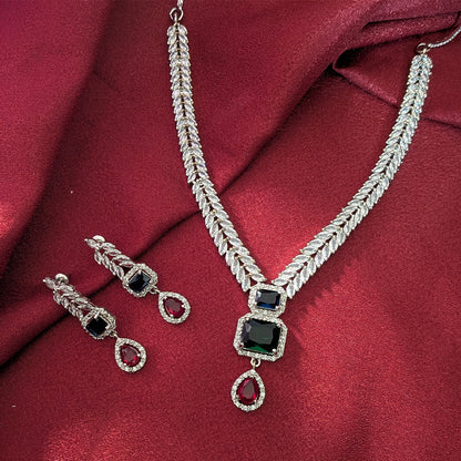AD Luxe Square & Teardrop Gemstone Necklace With Matching Earrings For Women
