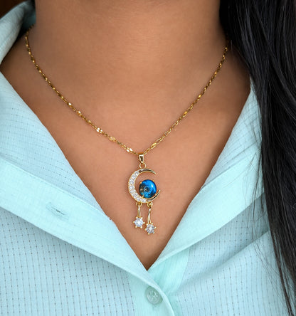 Gold Plated Blue Stone Crescent Moon & Star Pendant Necklace for Women & Girls