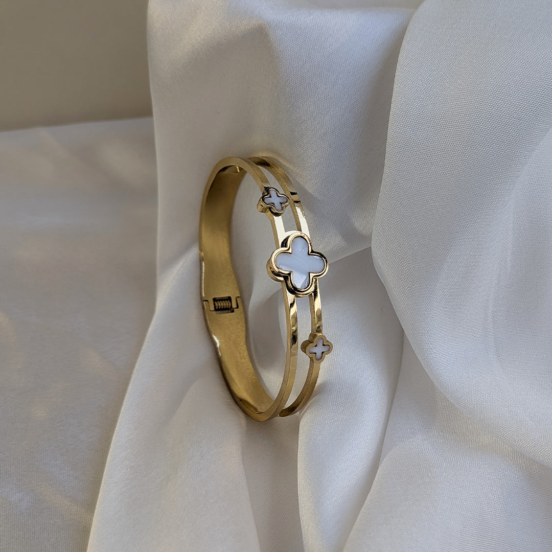 Elegant Gold Plated Clover Bracelet with White Enamel Accents For Girls & Women