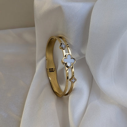 Elegant Gold Plated Clover Bracelet with White Enamel Accents For Girls & Women