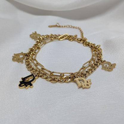 18K Gold Finish Double Layer Chain Bracelet with with Charms for Girls & Women