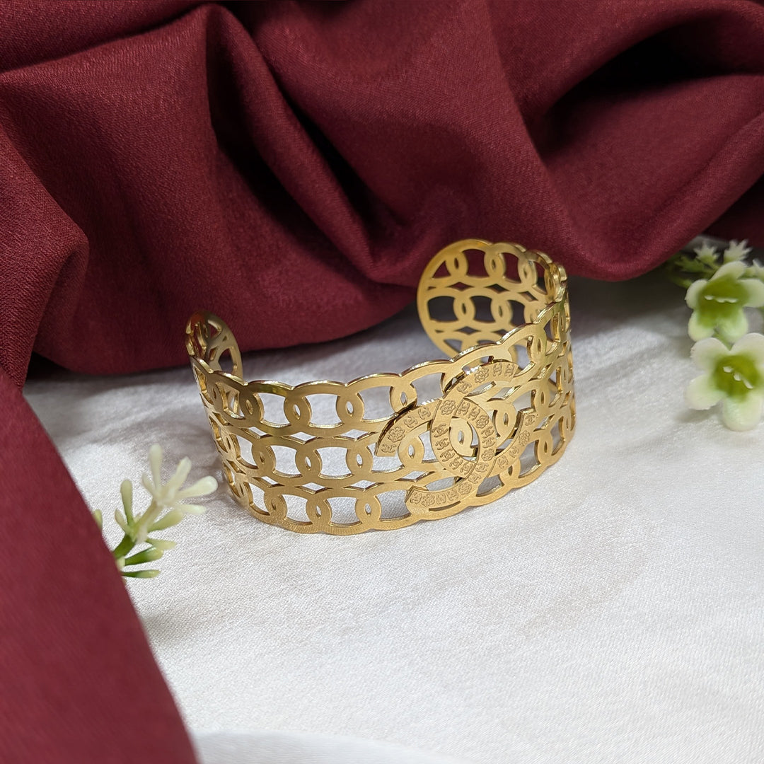 Gold Finish Designer Inspired Cutout Cuff Bracelet For Girls & Women