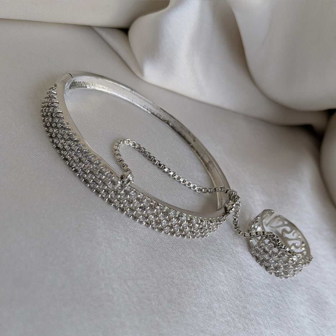 Elegant Silver Finish Four Line AD (American Diamond) Finger Ring Bracelet for Girls & Women