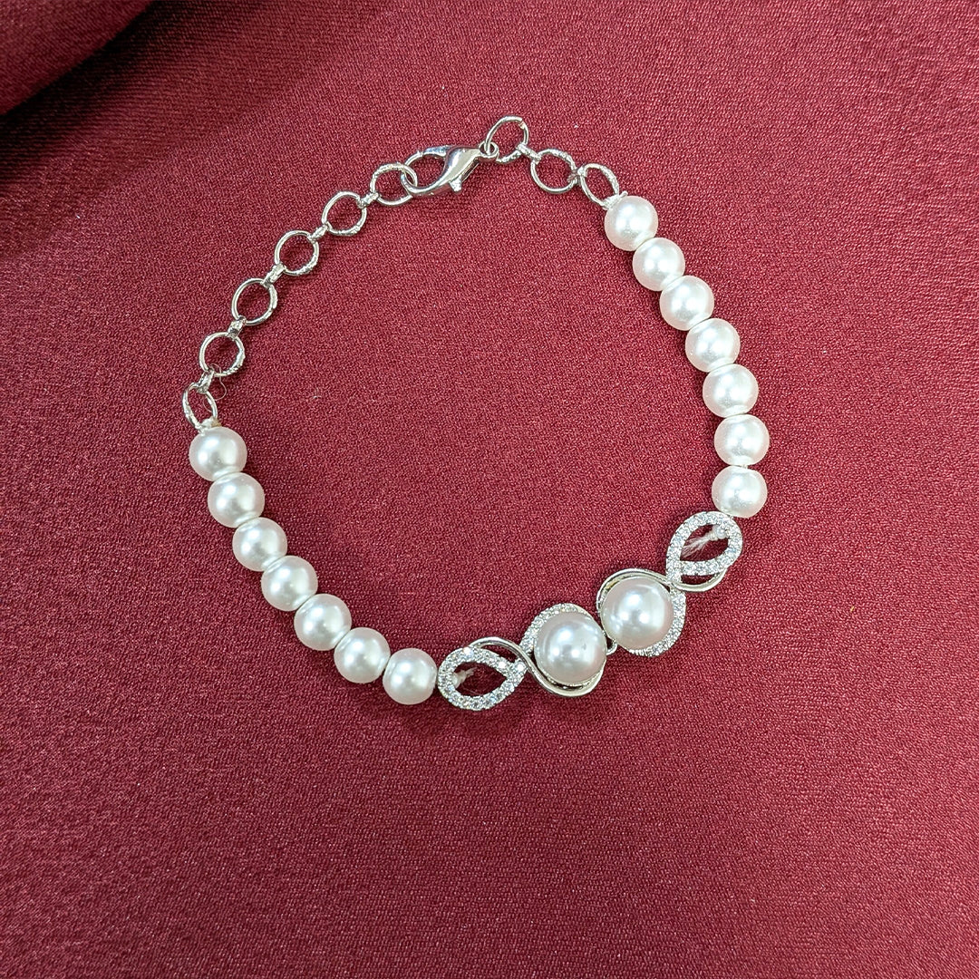 Silver Finish Classic Pearl AD Stone Jewellery Set with Earrings, Bracelet & Ring for Girls & Women